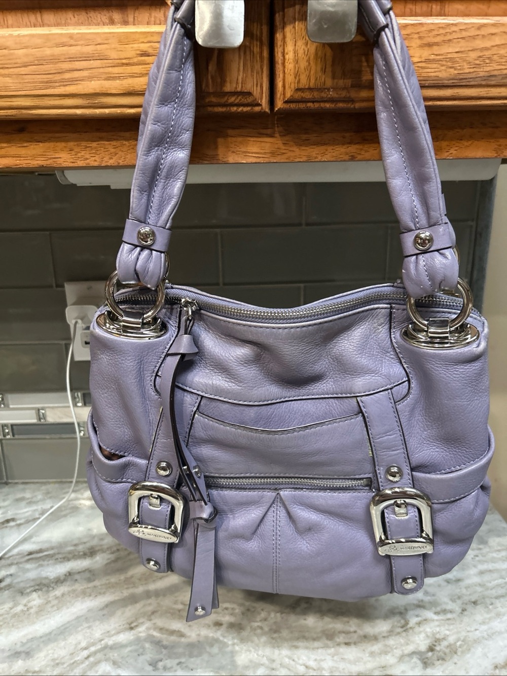 B Makowsky Leather Shoulder Bag Purse Purple Lavender Slouchy Western Hobo